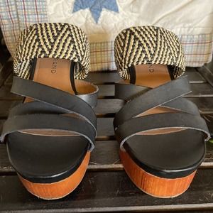 LUCKY BRAND Womens Size 6.5/36.5 Sandals NYLOH Black Leather Woven Strap Wedge